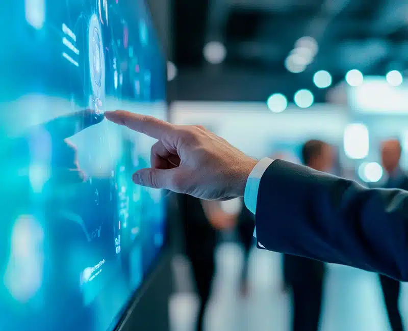 Dipendente tocca lo schermo blu di un monitor interattivo a Pavia