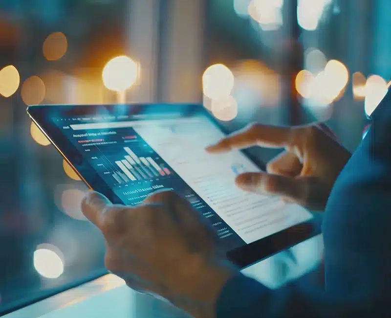 Dipendente utilizza un monitor touch screen per lavorare in ufficio