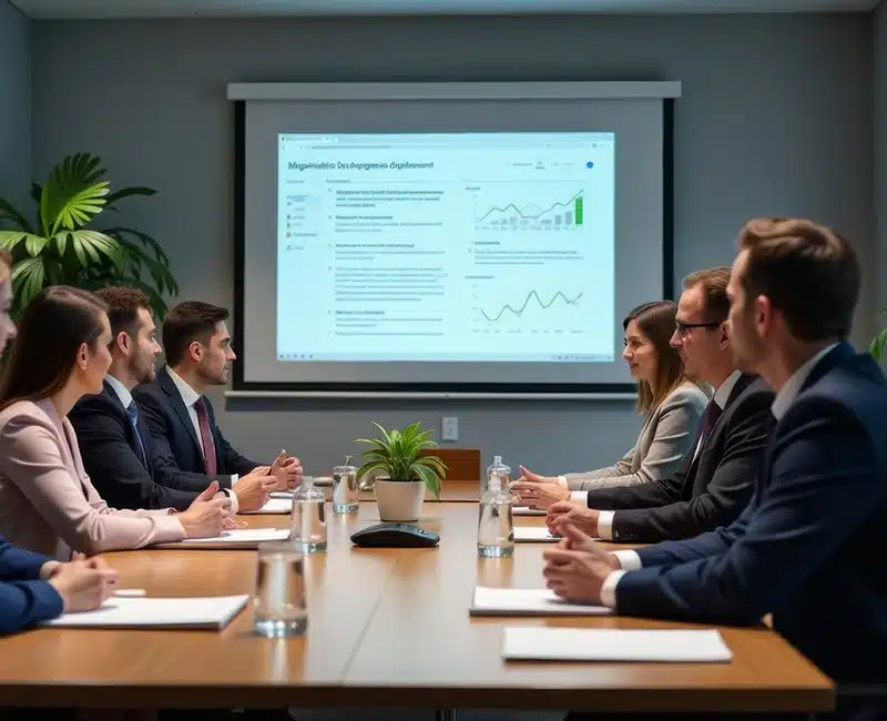 Dipendenti in sala riunioni di Milano con videoproiettore